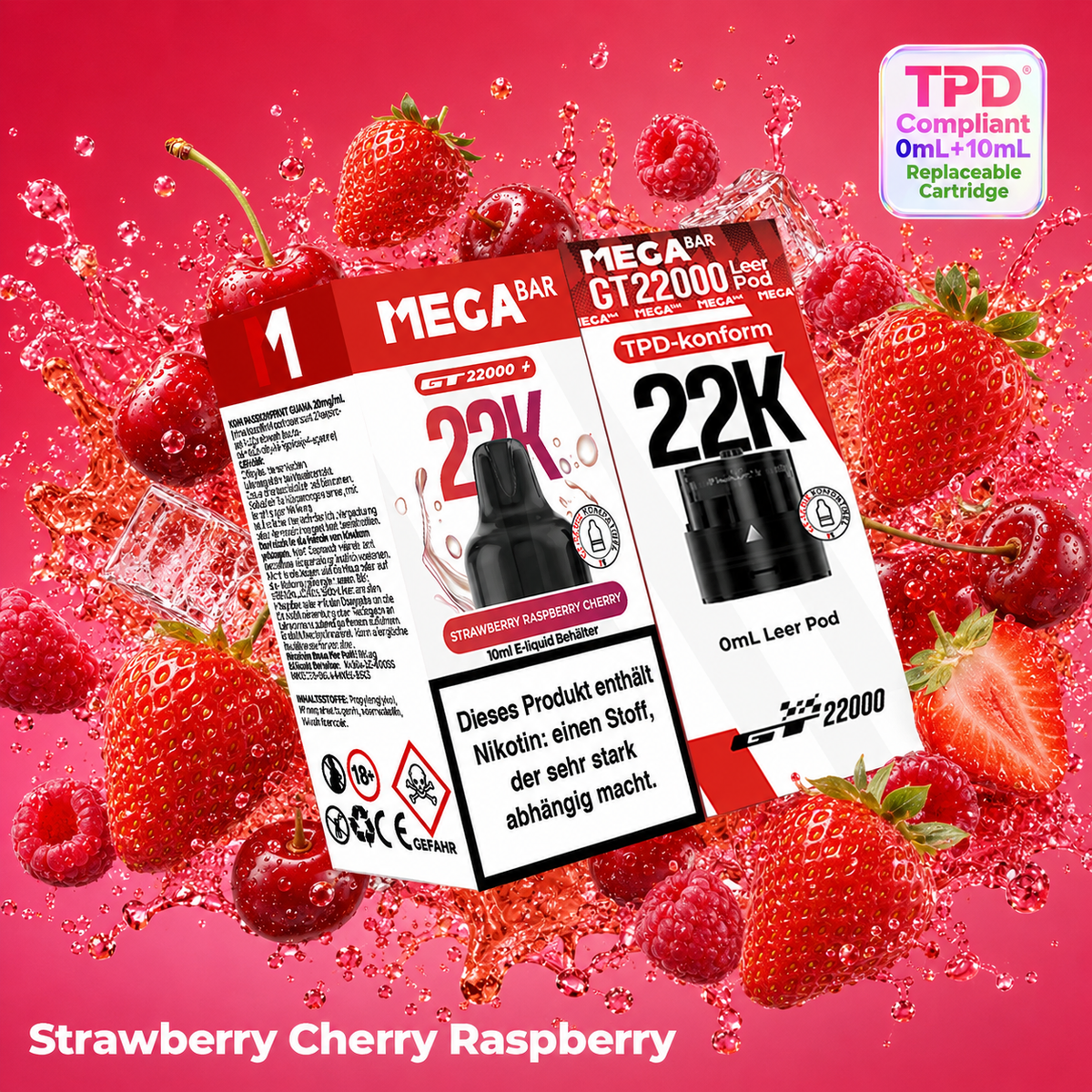 NEU – MEGABAR GT 22000 Pods Strawberry Raspberry Cherry 20 mg